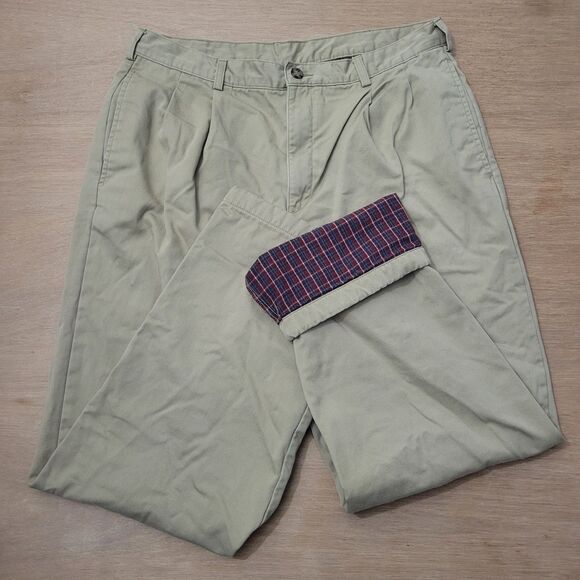 LL Bean Fleece Lined Pants Khaki Tan Pleated Front Pants Size 36x31 Mens - Picture 2 of 11